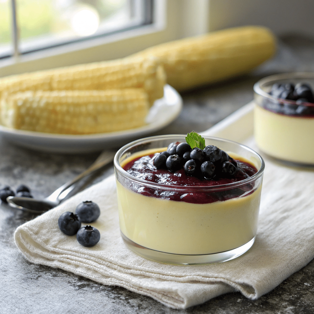 sweet corn panna cotta in a clear glass ramekin