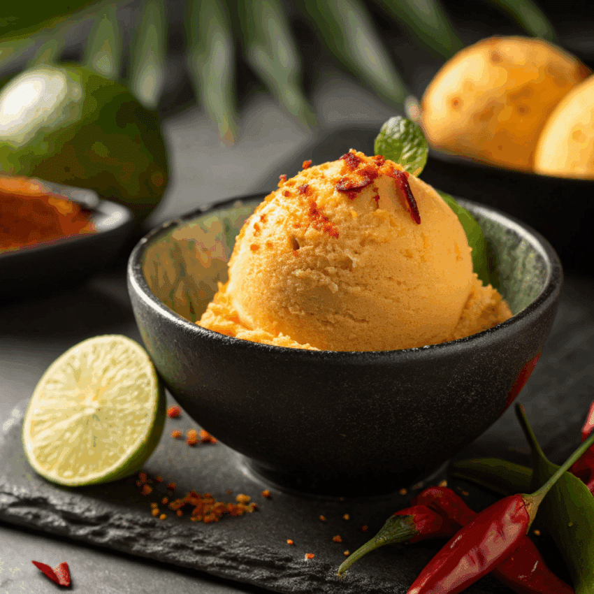scoop of chili mango sorbet in a matte black bowl
