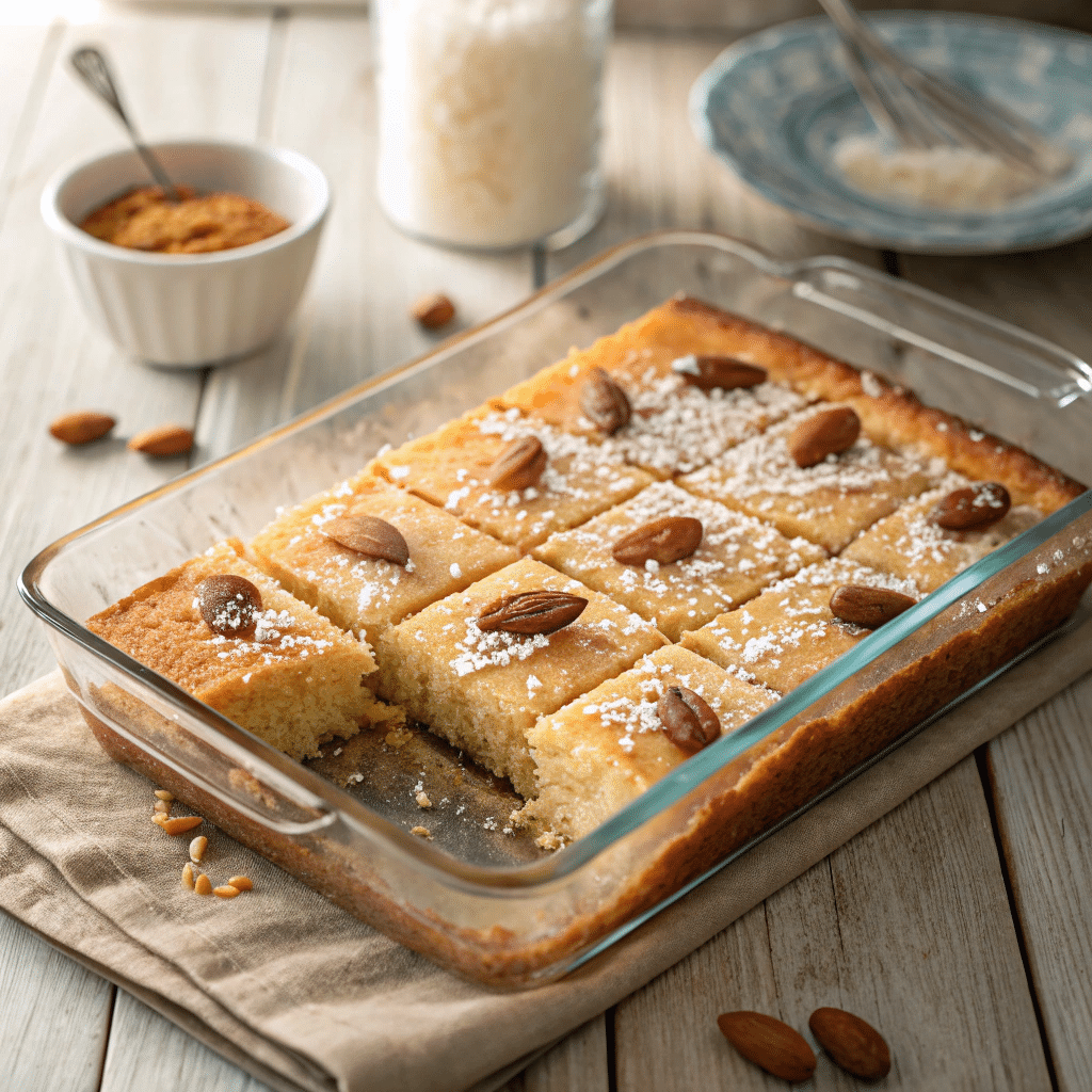freshly baked basbousa semolina cake