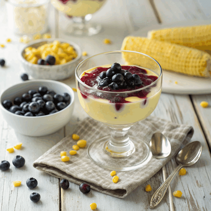 creamy sweet corn panna cotta, topped with vibrant blueberry sauce