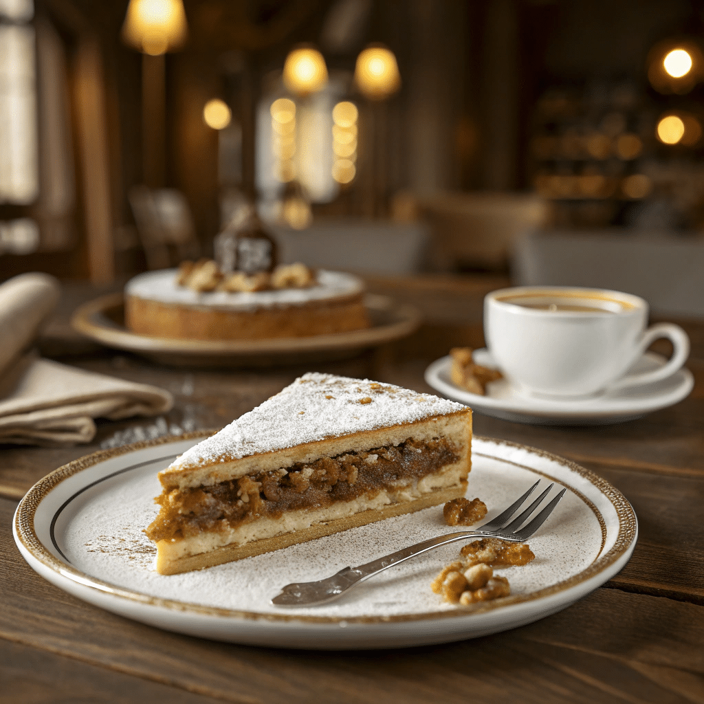 single slice of Engadiner Nusstorte Swiss nut tart
