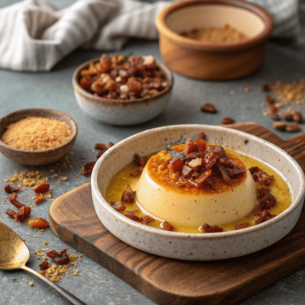 rich and golden corn panna cotta topped with crispy crumbled candied bacon