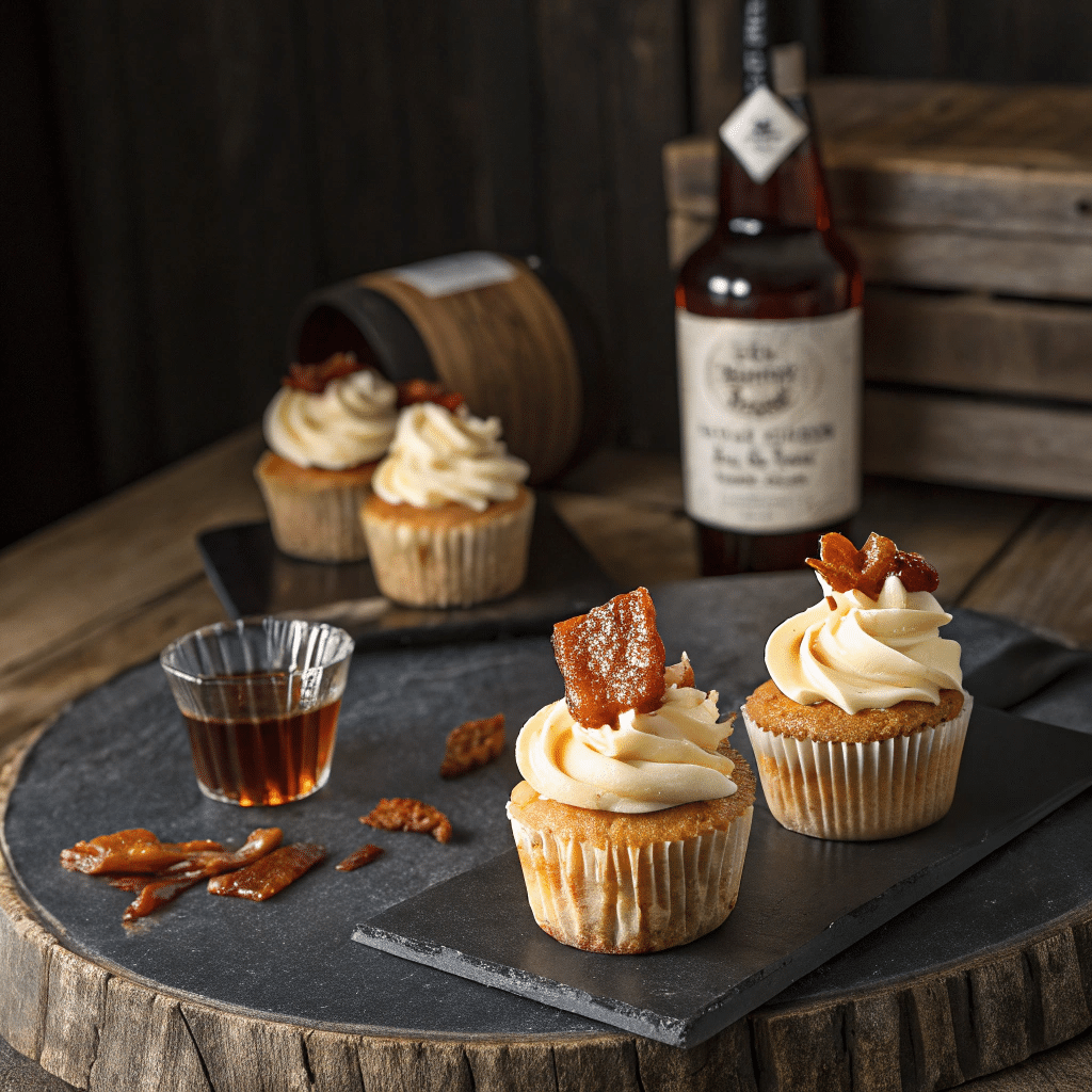 bourbon maple bacon cupcakes on a slate tray