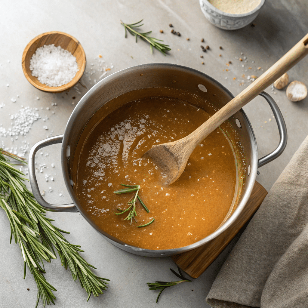 saucepan with bubbling golden caramel