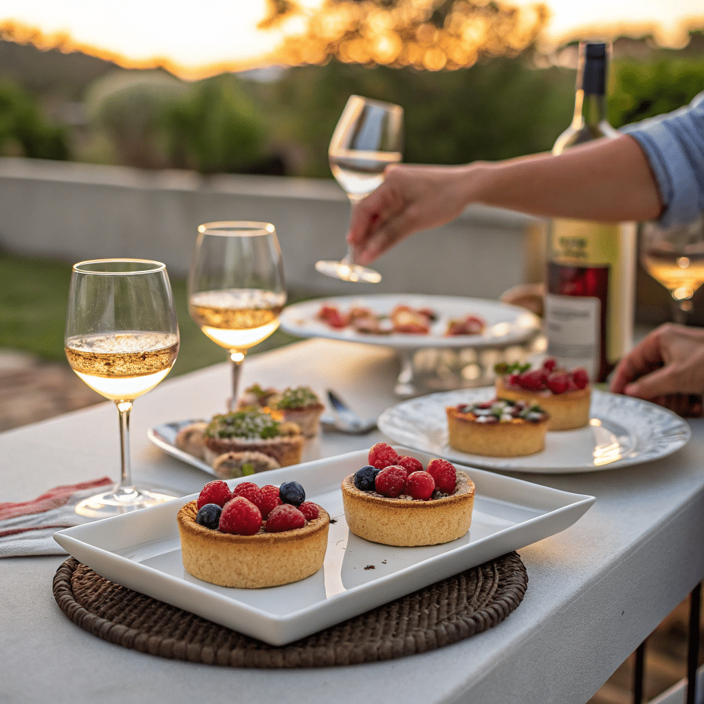 small gathering setting with tartlets served on elegant white platters