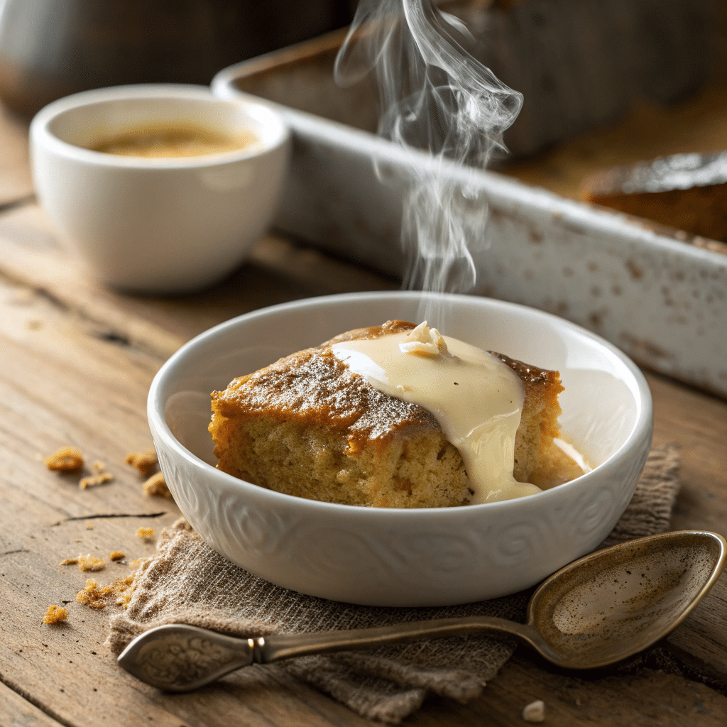 warm slice of golden-brown Malva pudding