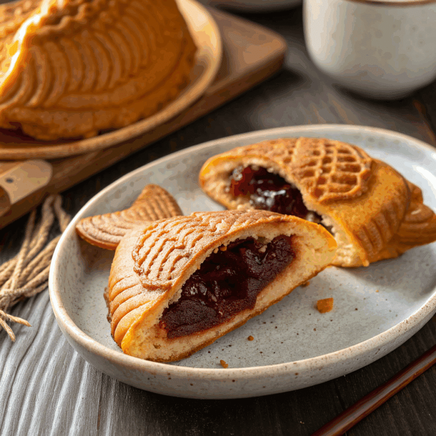 taiyaki pastry with golden crispy fish-shaped crust