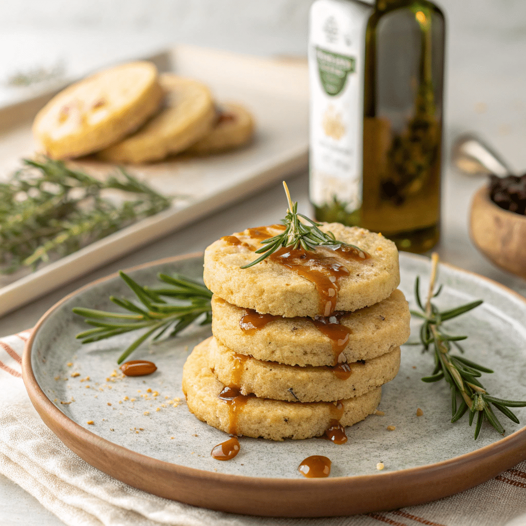 Rosemary Olive Oil Shortbread with Caramel Drizzle