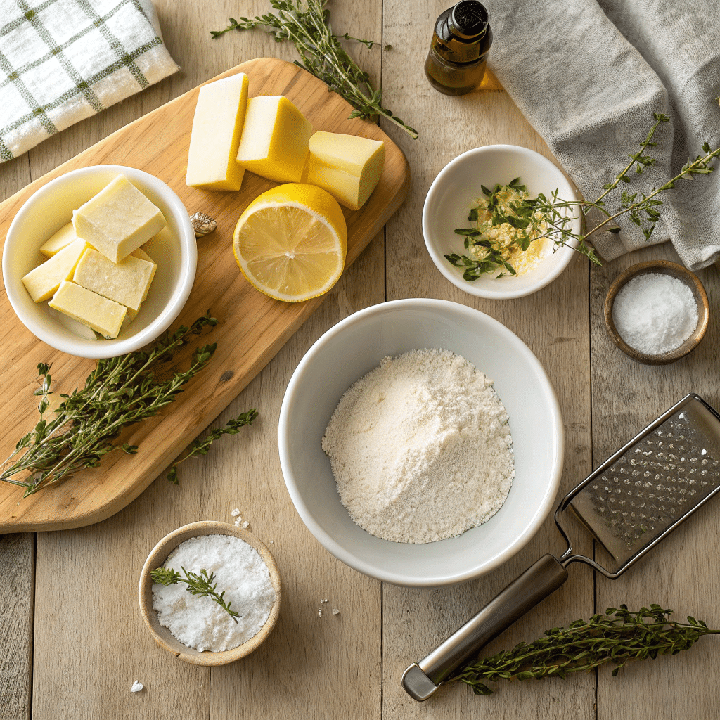 flat lay of fresh lemon thyme shortbread ingredients