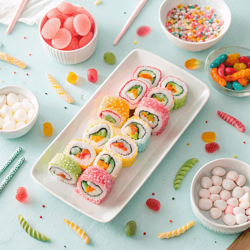 colorful dessert spread featuring candy sushi rolls