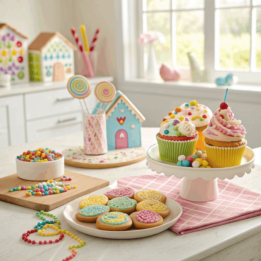 kitchen table set up with colorful dessert