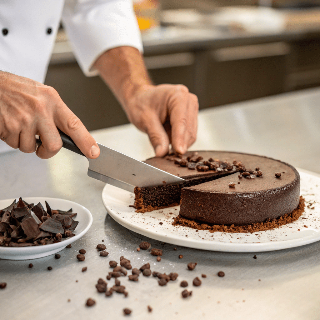 chef’s hand slicing the dark chocolate torte