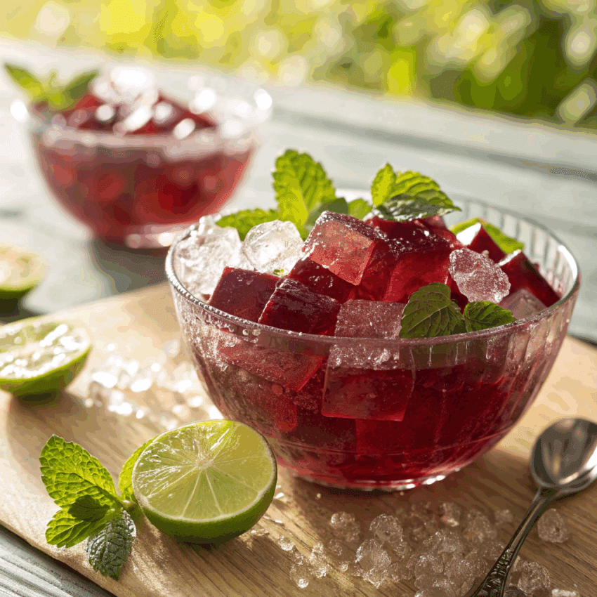 vibrant ruby-red hibiscus iced jelly cubes
