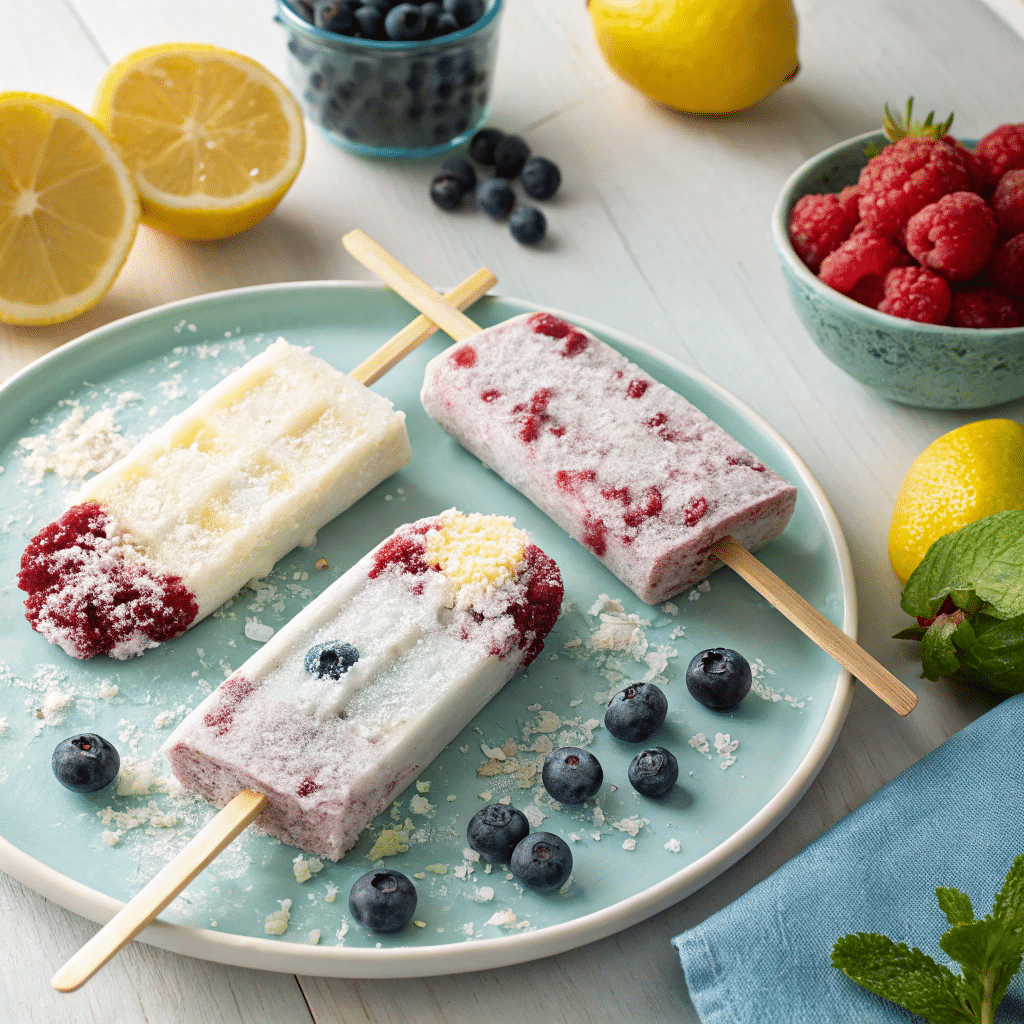 colorful composition showing three types of blueberry coconut popsicles
