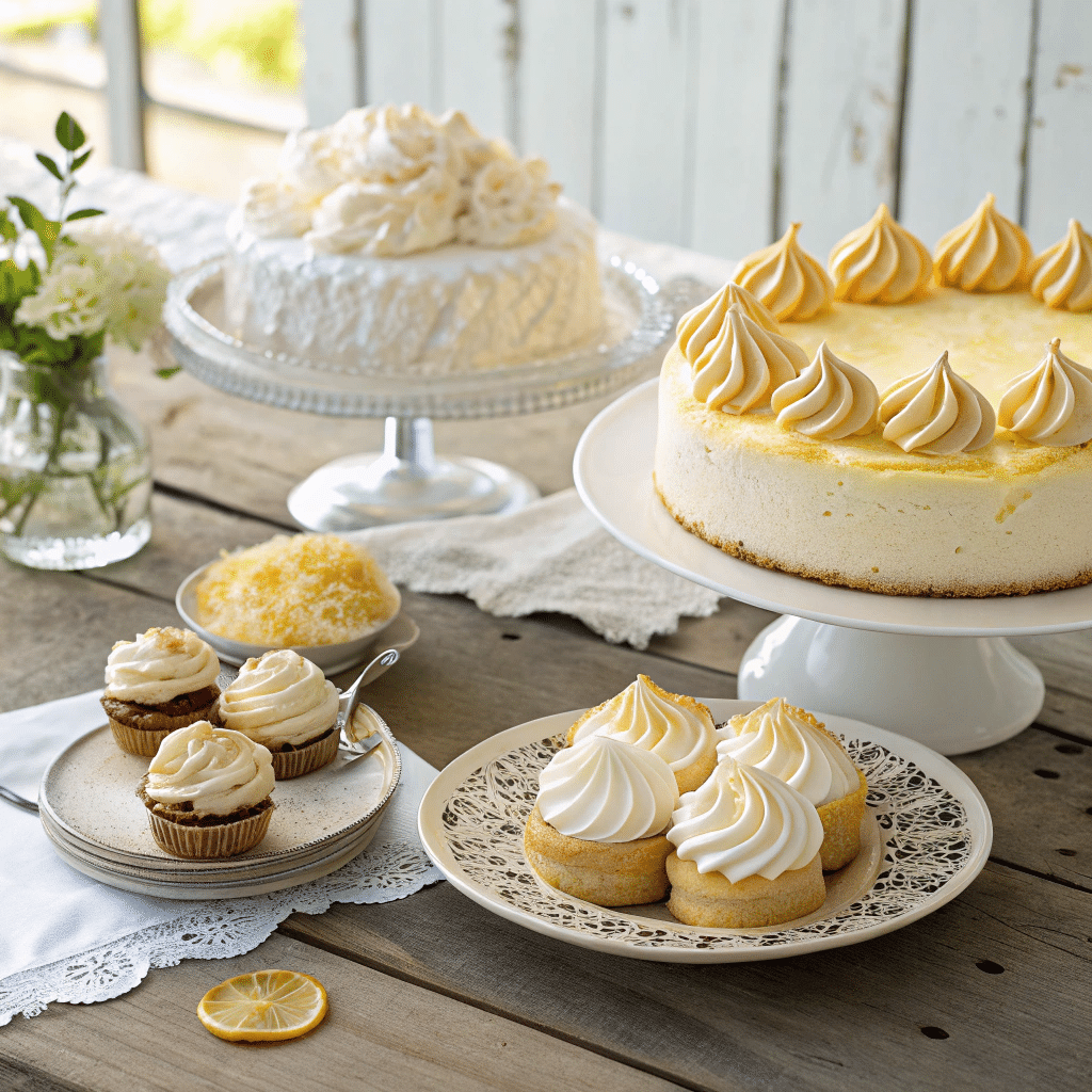 golden meringue cookies, a frosted cake with egg white frosting, and airy soufflés