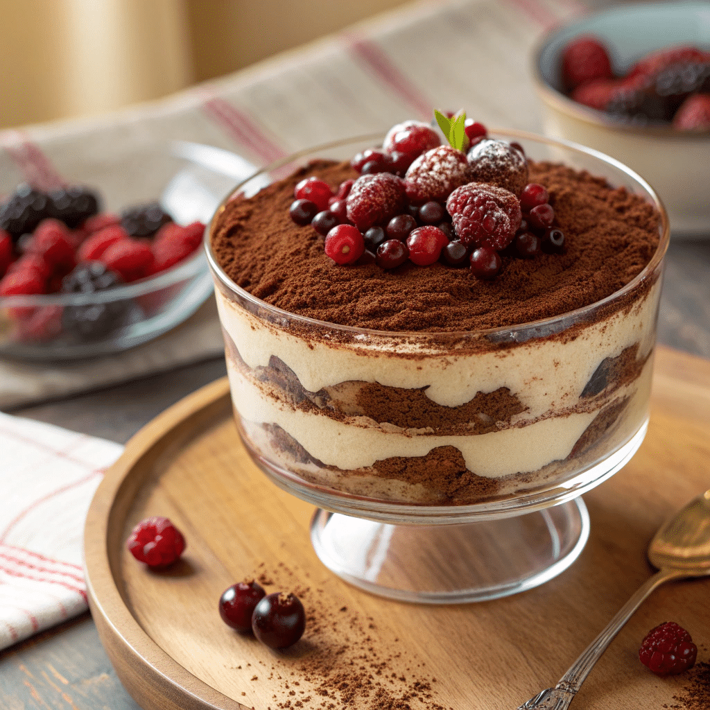 glass dish of tiramisu made with layers of mascarpone cream