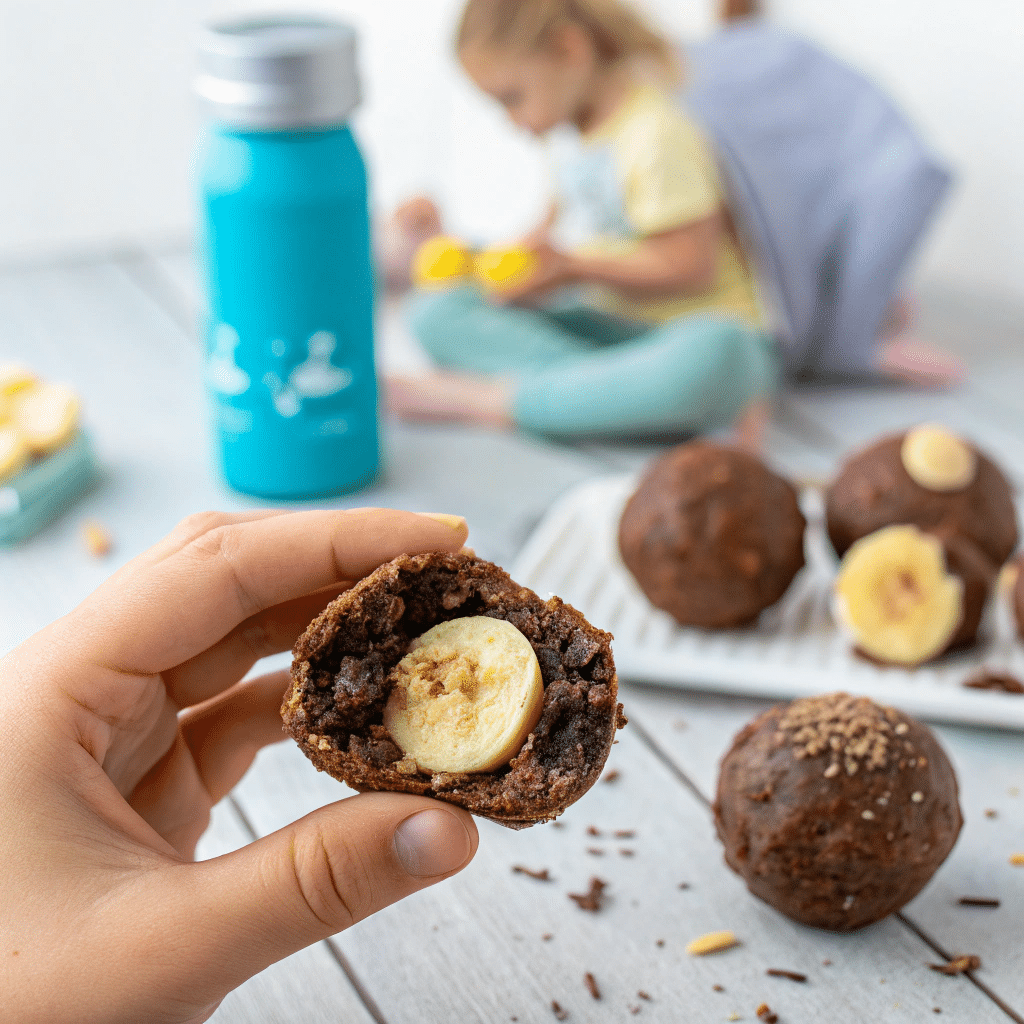 banana cocoa energy ball with a bite taken out