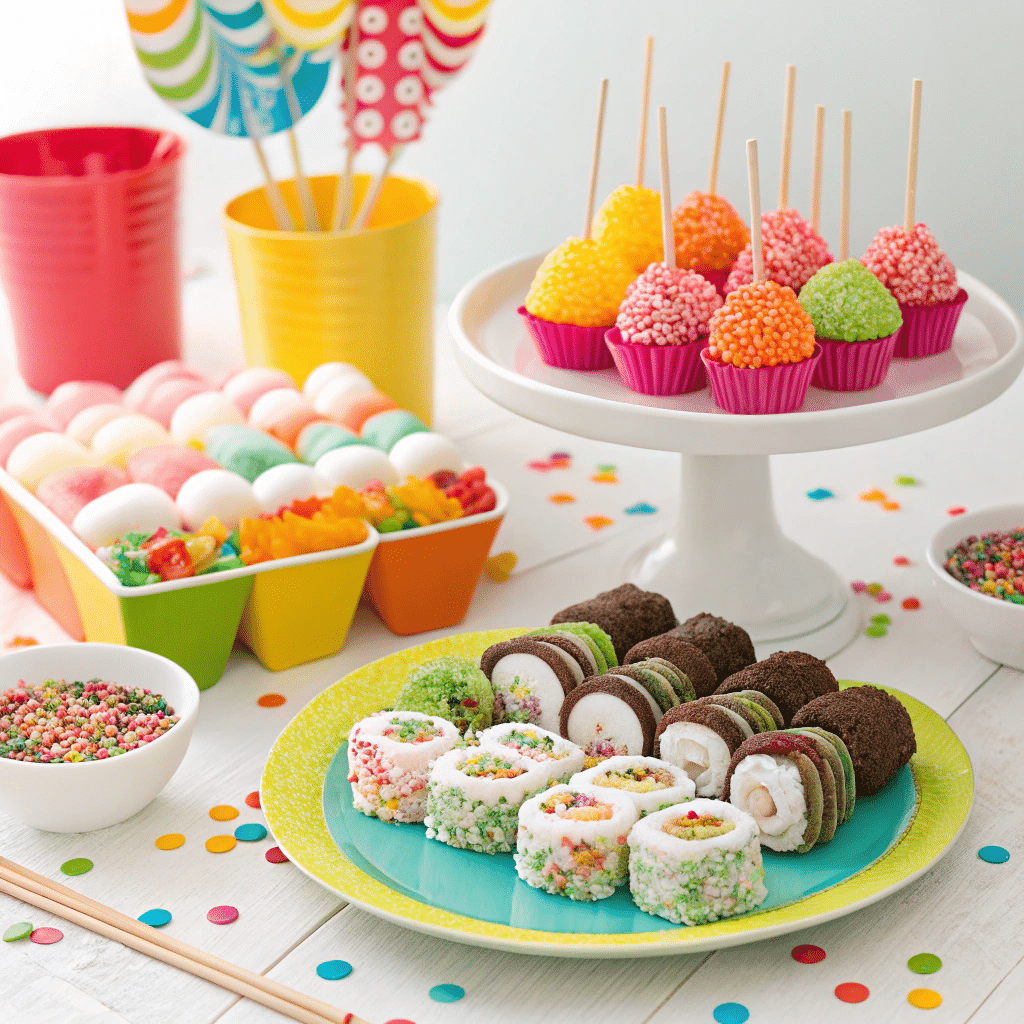 dessert table with candy sushi rolls