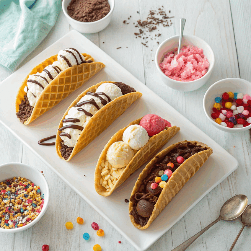 dessert table featuring build-your-own ice cream tacos