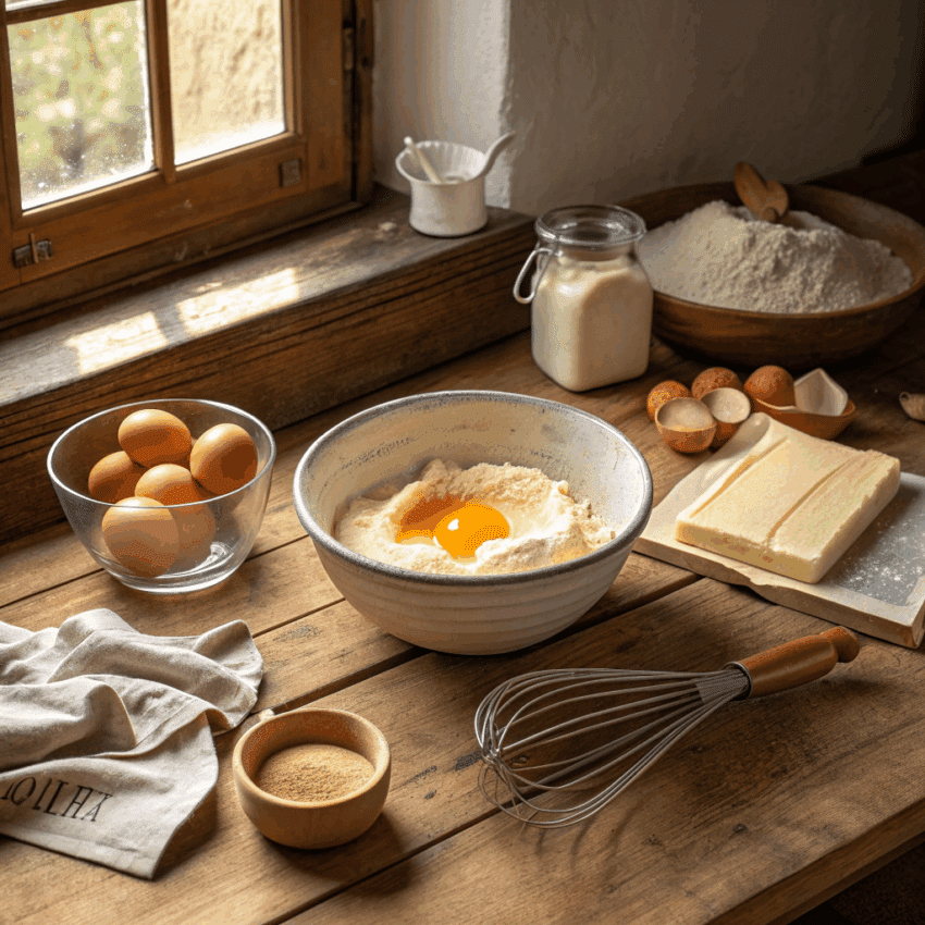 rustic kitchen scene with a wooden countertop