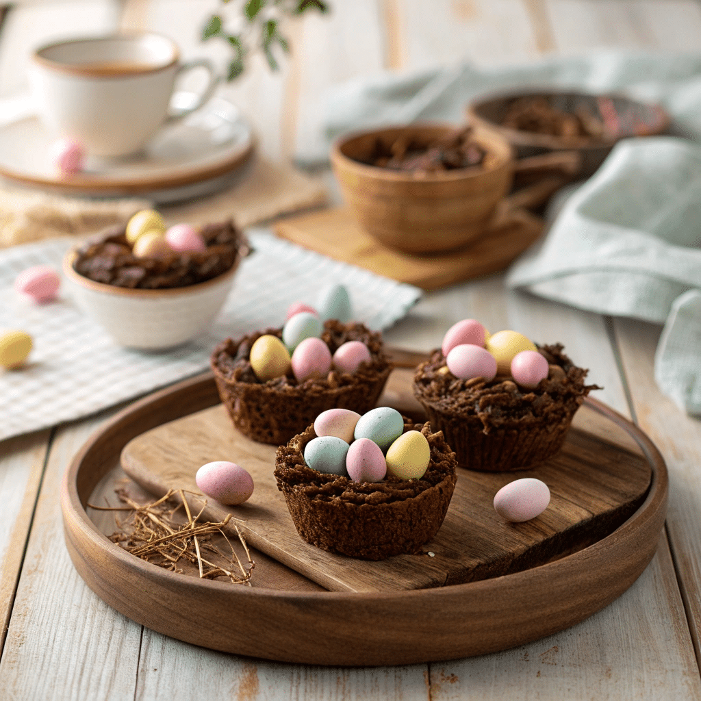 chocolate cereal nests topped with pastel candy eggs