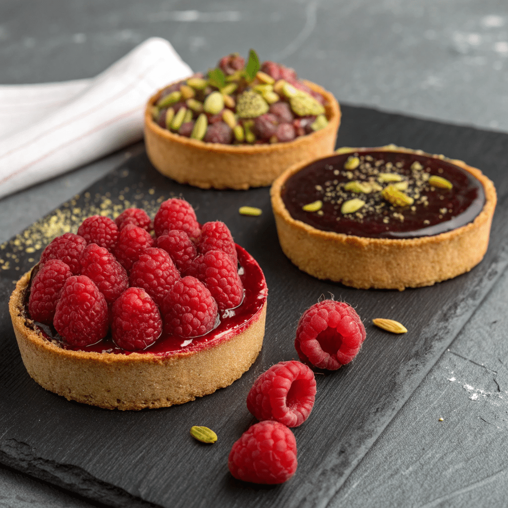 three mini raspberry chocolate tarts