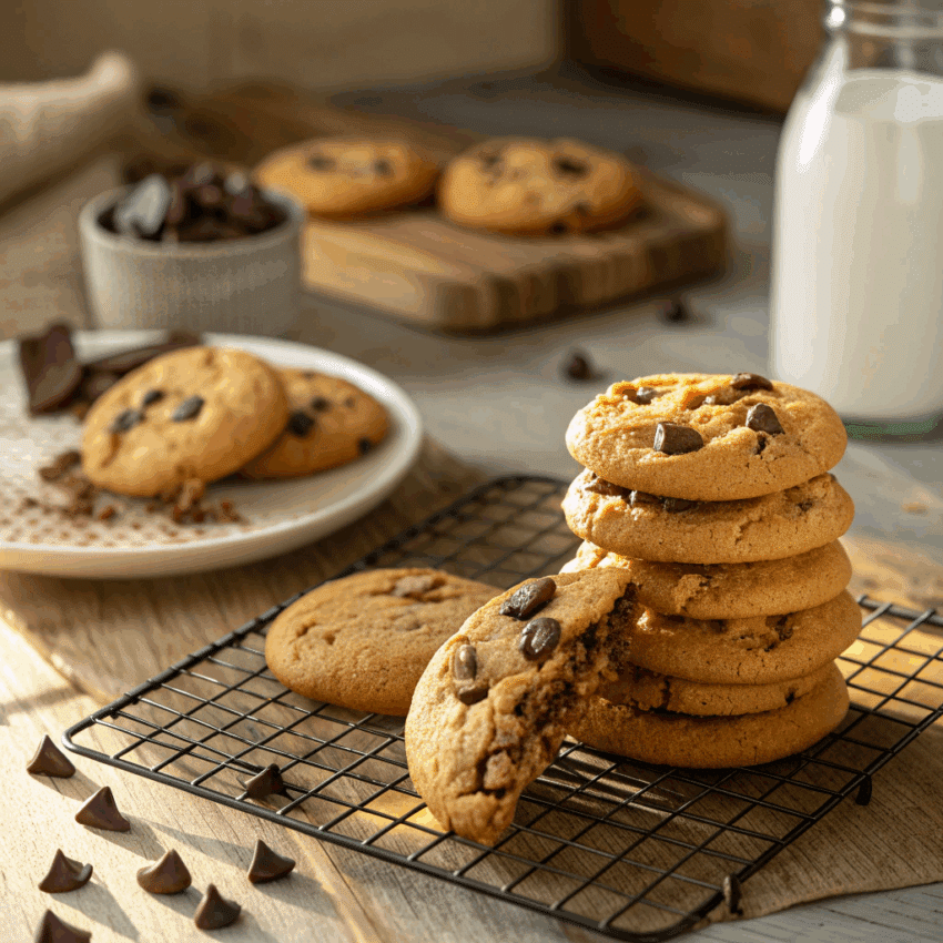 stack of freshly baked golden-brown chocolate chip cookies
