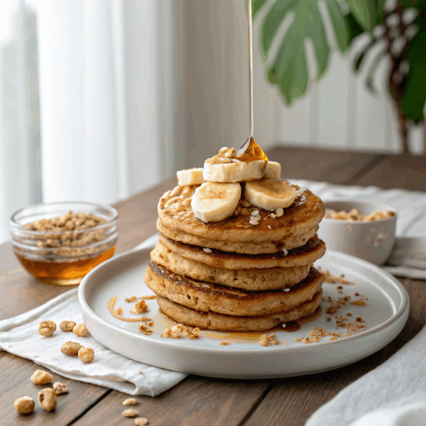 stack of golden-brown banana protein pancakes