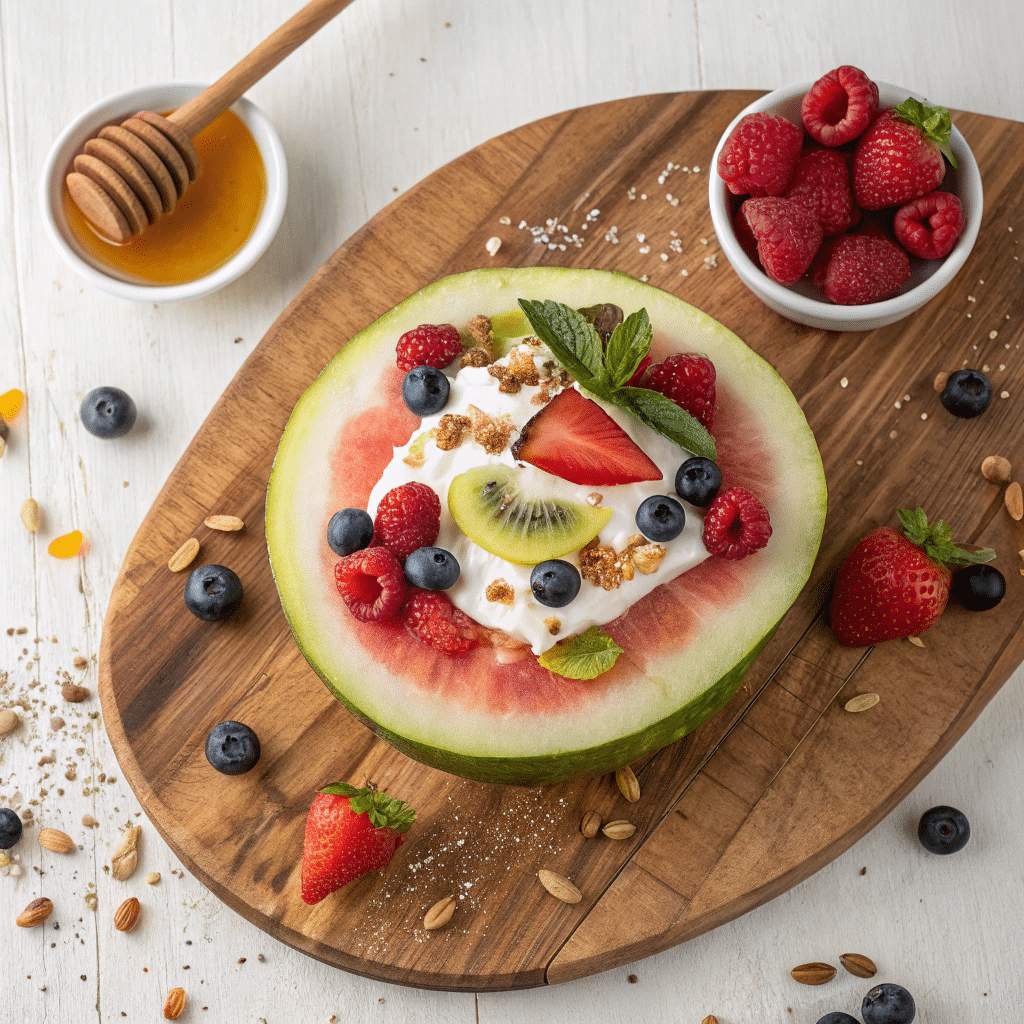 slice of watermelon topped with yogurt