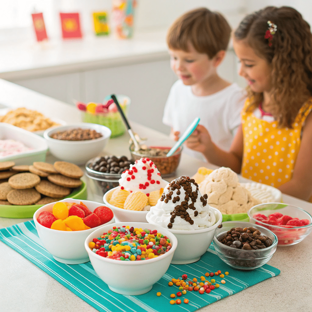 sundae bar with bowls of ice cream and toppings like gummy bears
