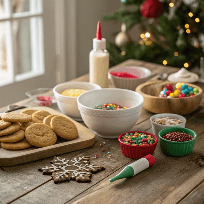 cookie decorating station set up on a rustic wooden table