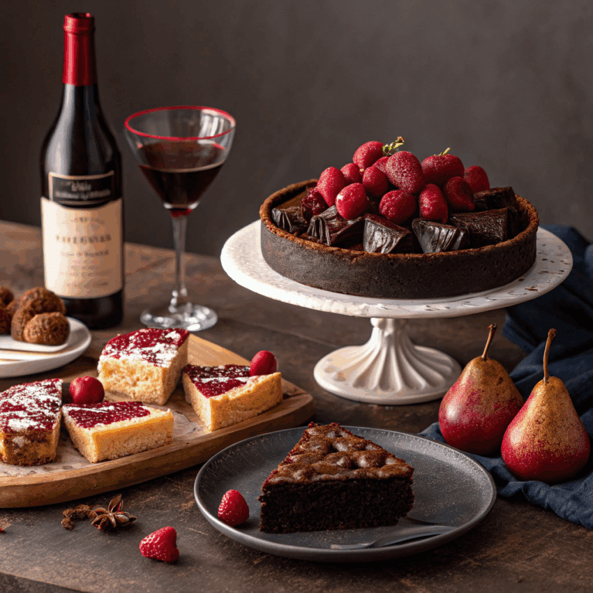 elegant spread of assorted desserts paired with red wine