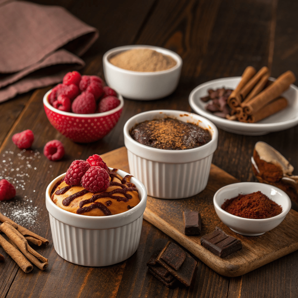 small bowls of raspberries, cinnamon sticks, caramel drizzle, chili powder, and cocoa