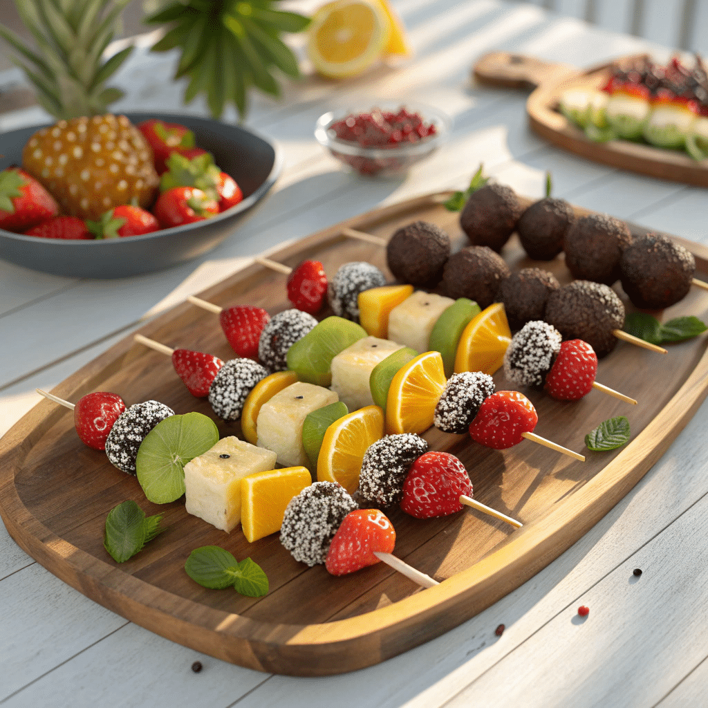 fruit kabobs displayed on a large wooden platter