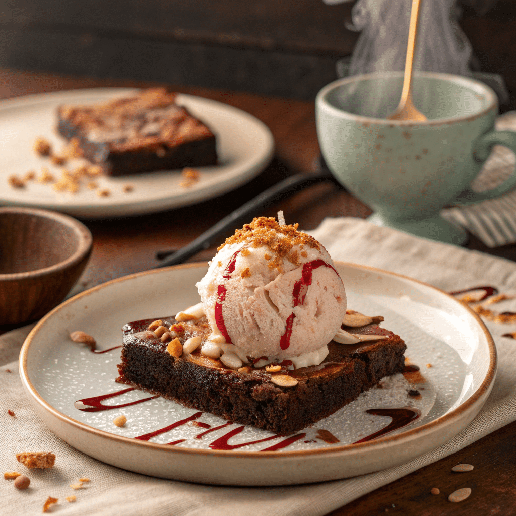 Cherry coconut ice cream scooped over a warm brownie