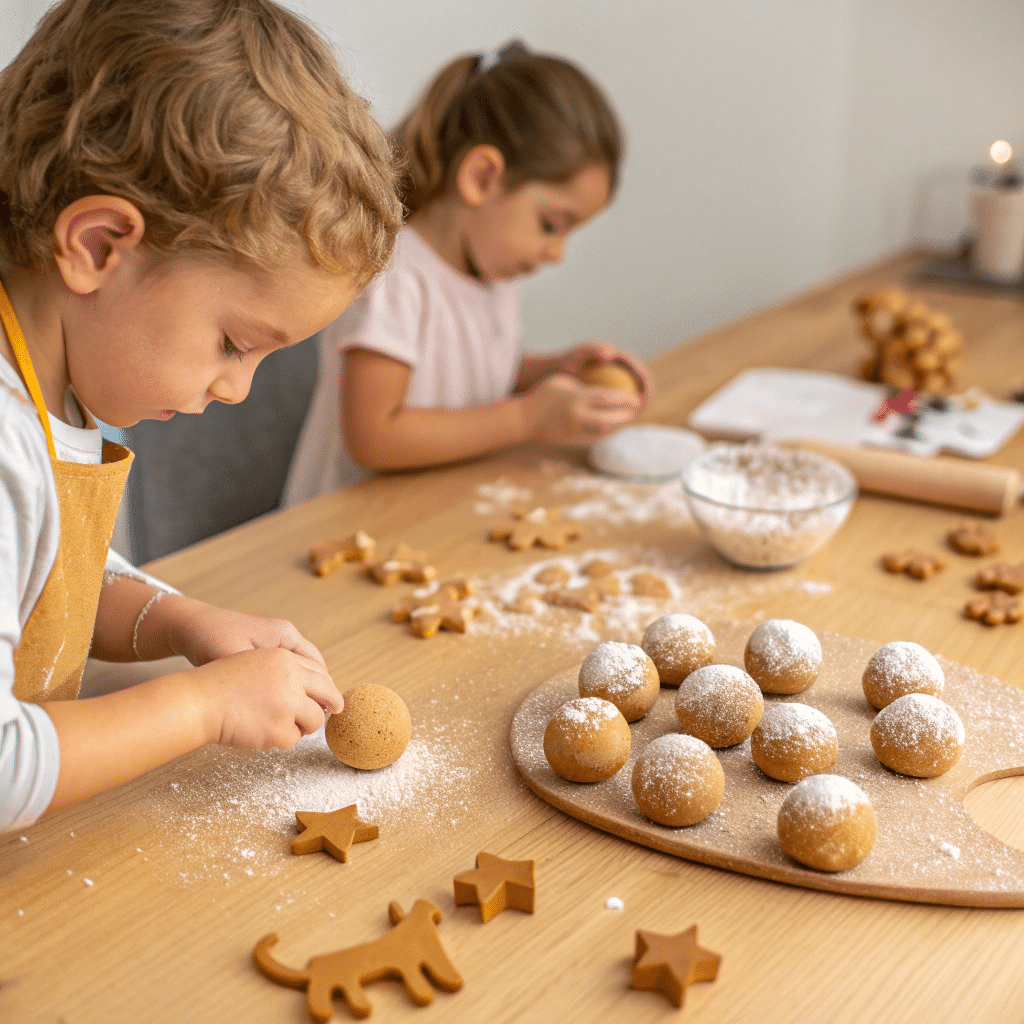Children rolling balls of edible playdough made from peanut butter and powdered sugar into shapes