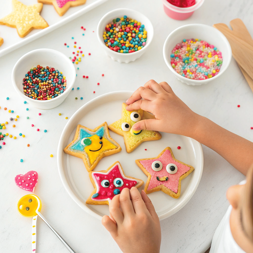 Close-up of children’s hands decorating sugar cookies