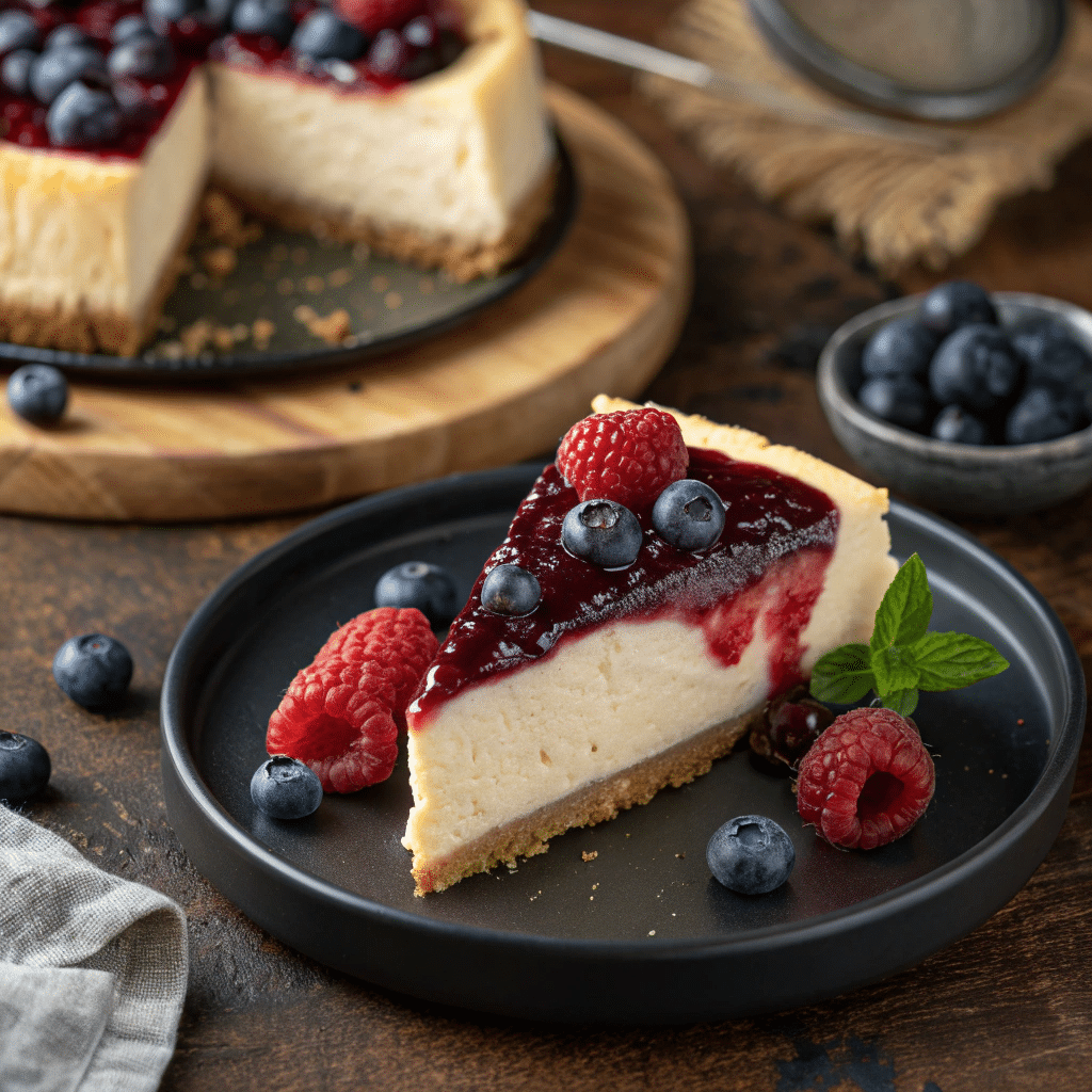 Creamy New York–style cheesecake slice topped with glossy red wine berry