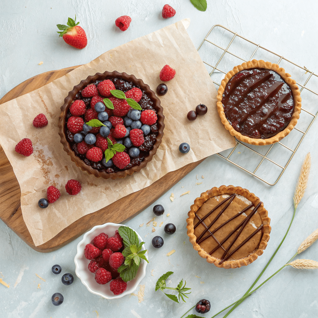 chocolate raspberry tart with caramel drizzle