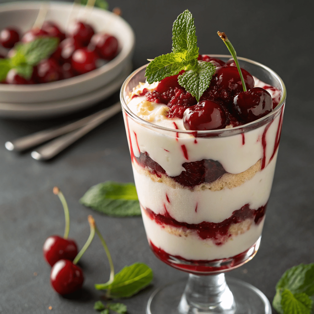tall glass filled with creamy layers of mascarpone and yogurt