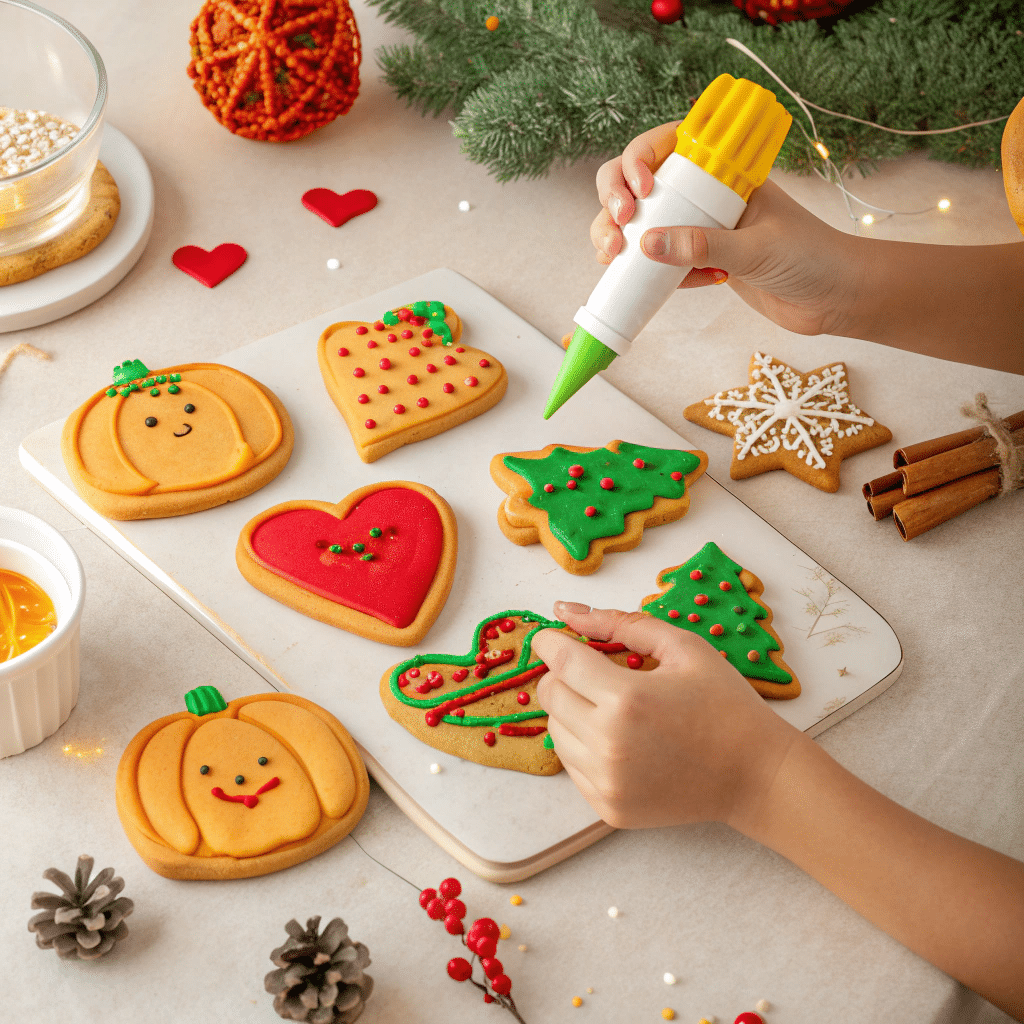 Festive sugar cookies in shapes like pumpkins