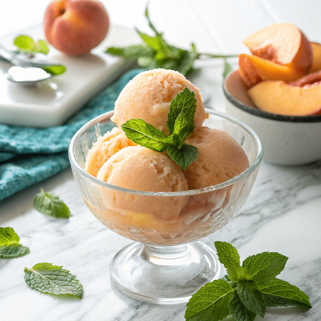 Glass bowl of peach sorbet