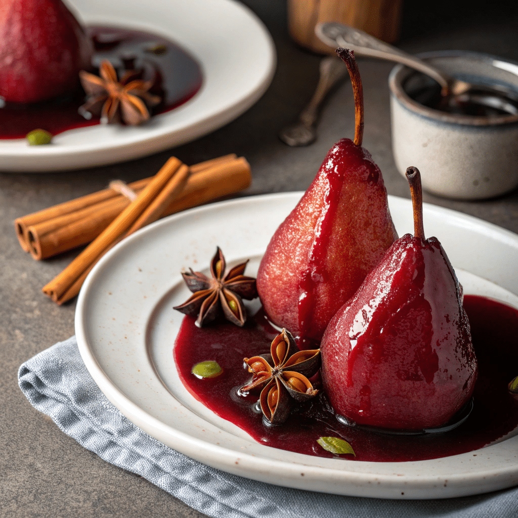 red wine–poached pears plated with a drizzle of spiced wine syrup