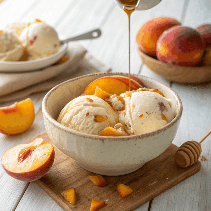 bowl of creamy no churn peach ice cream