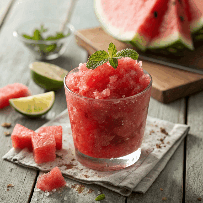 vibrant glass of watermelon granita