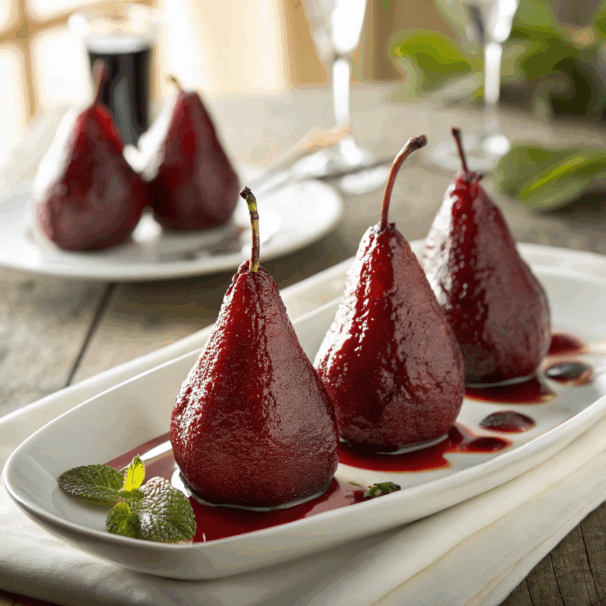 four red wine poached pears