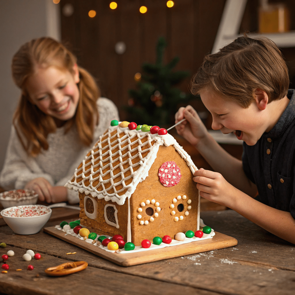 Kids decorating a gingerbread house with royal icing
