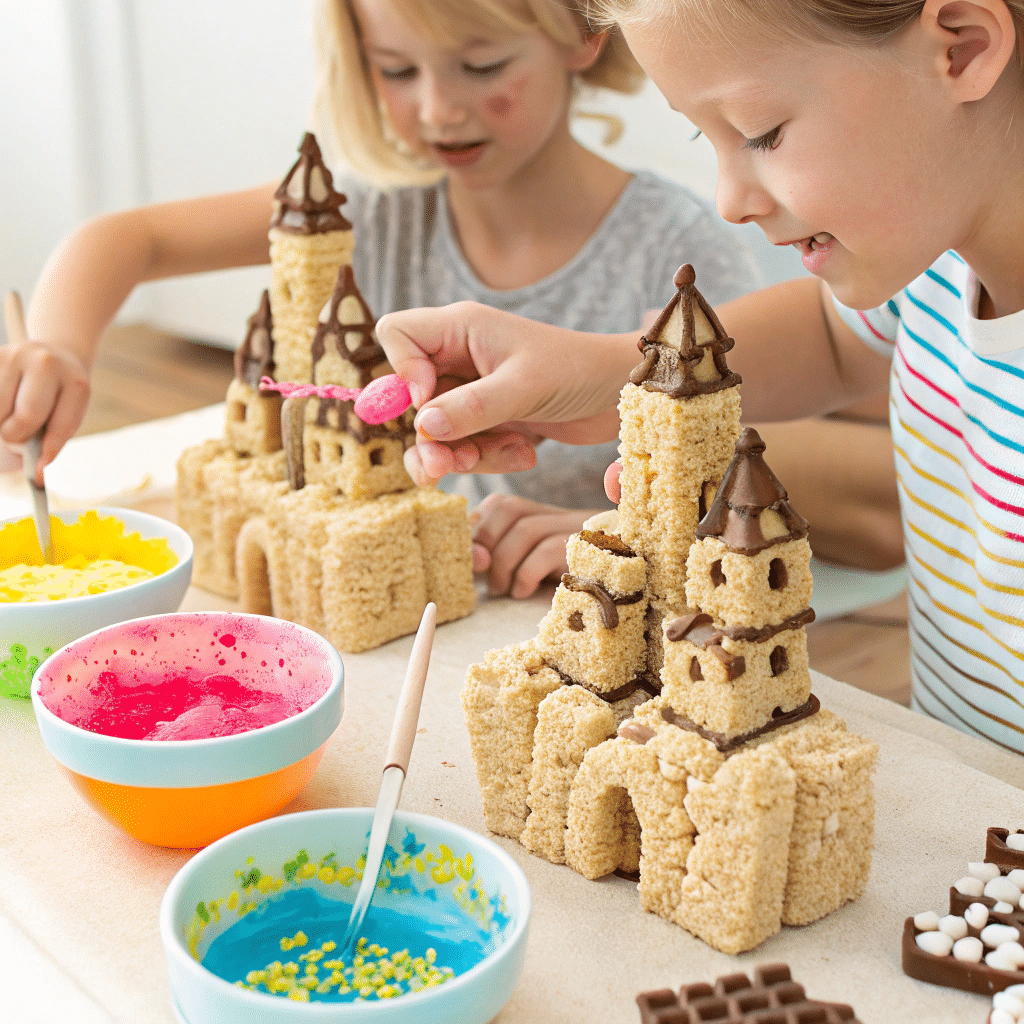 Kids shaping Rice Krispie Treats into fun sculptures