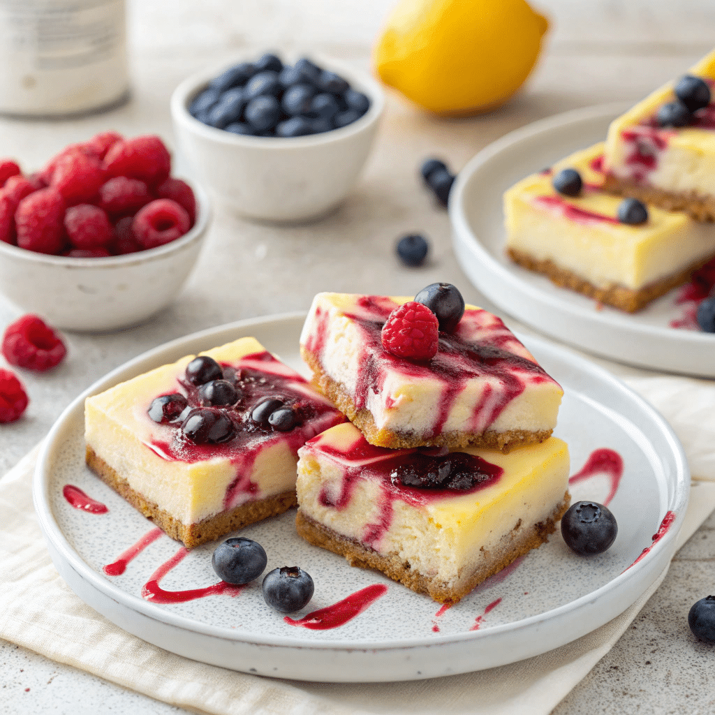 Lemon cheesecake bars with a raspberry swirl or topped with a drizzle of blueberry sauce