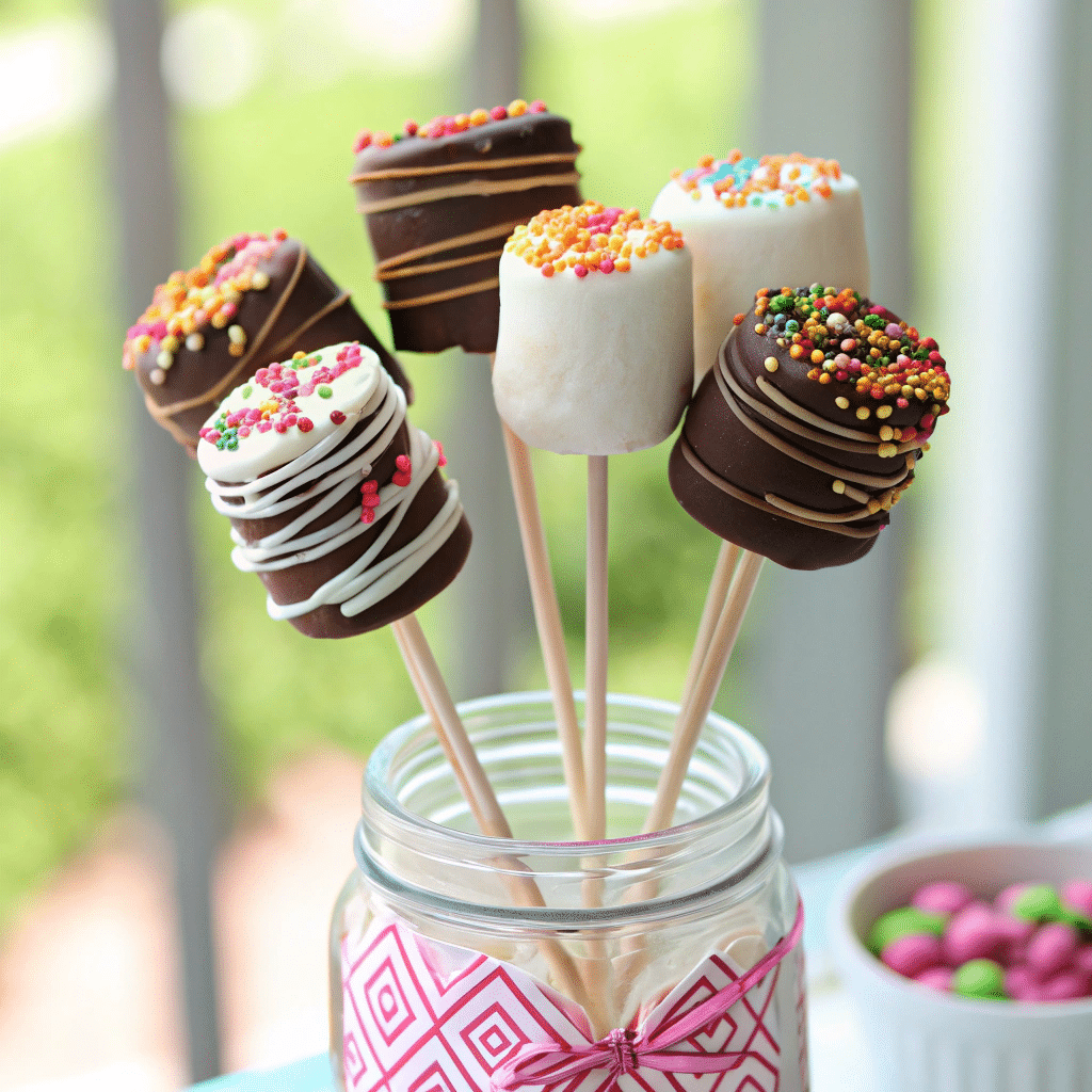 Marshmallows on sticks dipped in chocolate